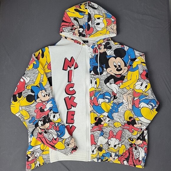 Disney Mickey Mouse Zip Up Fleece Hoodie Vintage 90s All Over Print - Picture 1 of 8